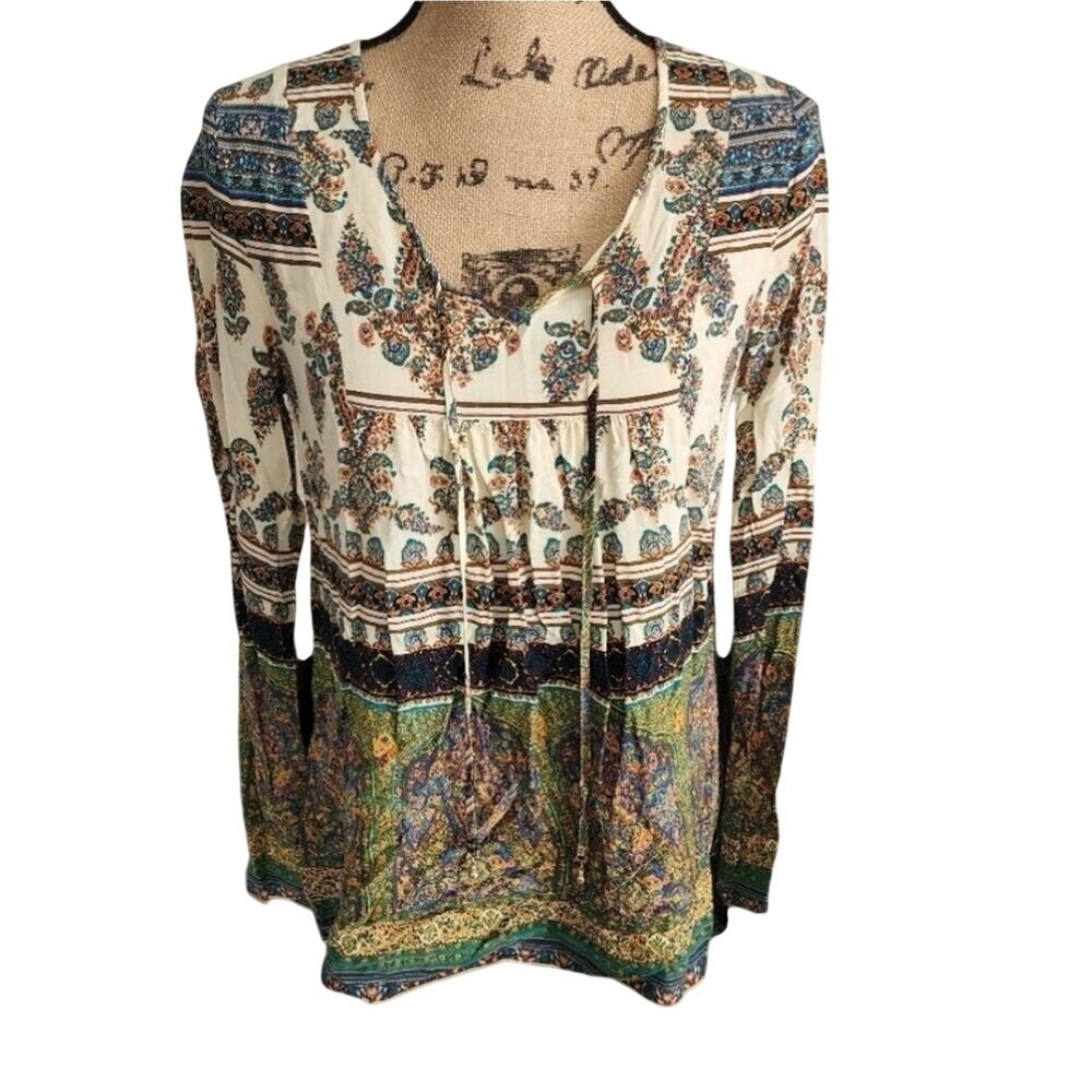 Live and Let Live Boho Paisley Floral Tie Neck Blouse Long Sleeve Cream Small